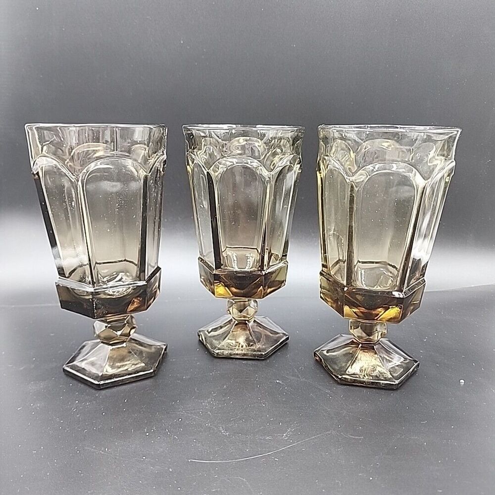 Vintage FOSTORIA Virginia Brown Paneled Smoke Glass Ice Tea 7" Goblet (Set of 3)